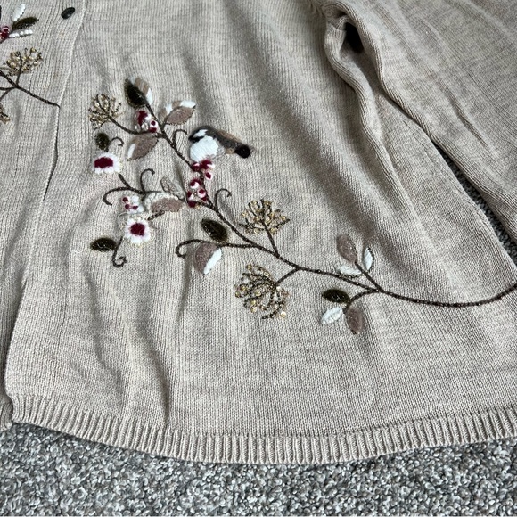 Coldwater Creek Cream Embroidered Bird Floral Top Button Cardigan Sweater, 3X - Picture 6 of 11